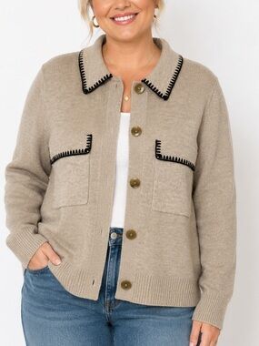 LOFT NWT Collared Sweater Cardigan Large Beige Black Whipstitch Button Front